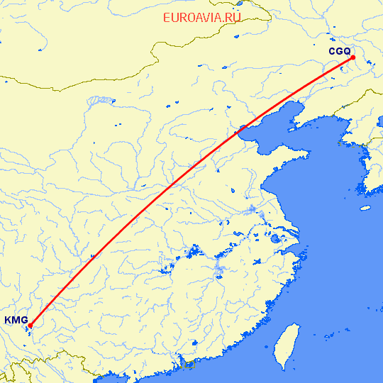 перелет Кунминг — Чаньчунь на карте