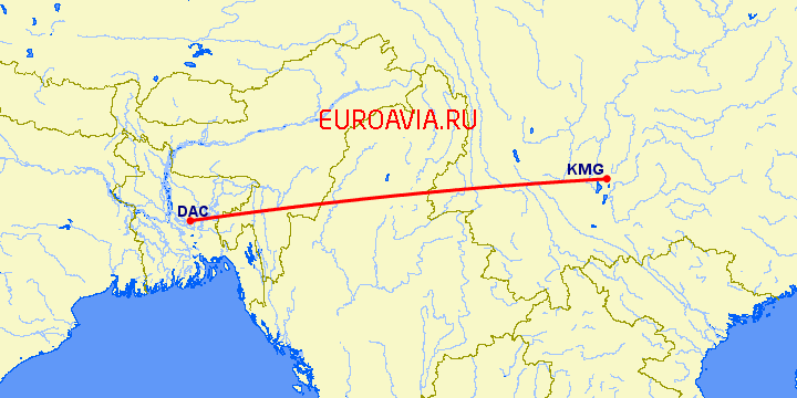 перелет Кунминг — Dhaka на карте
