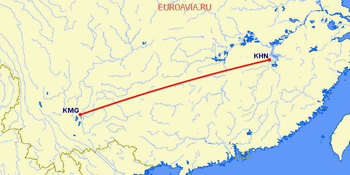 перелет Кунминг — Наньчан на карте