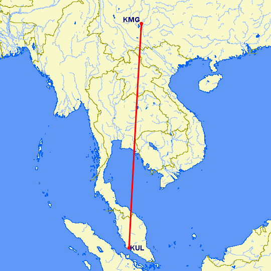 перелет Кунминг — Куала Лумпур на карте