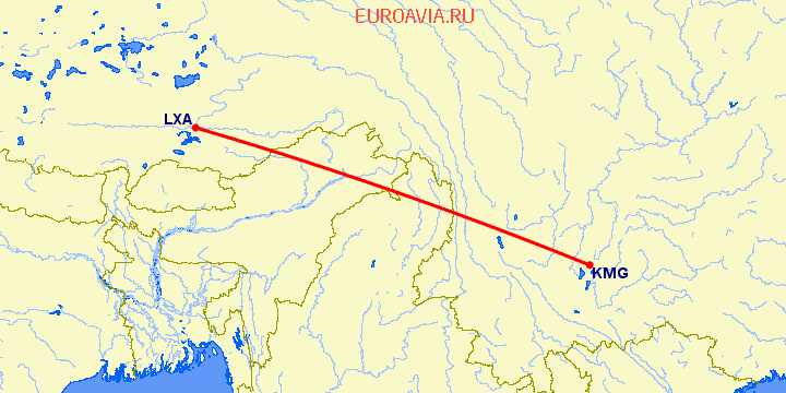 перелет Кунминг — Gonggar на карте
