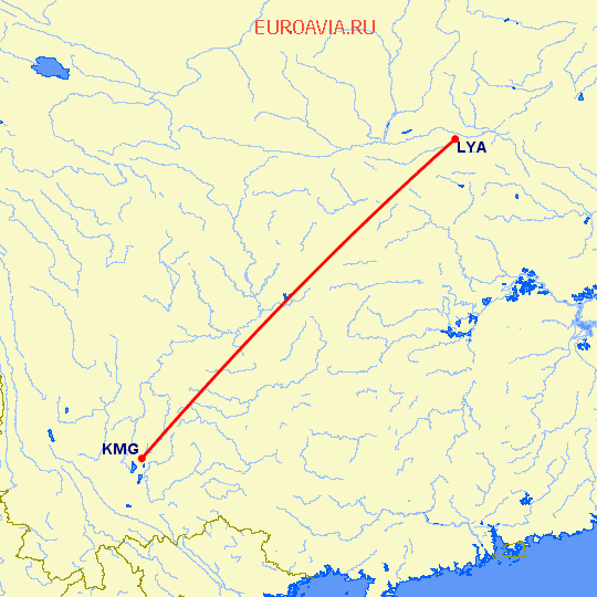 перелет Кунминг — Люян на карте