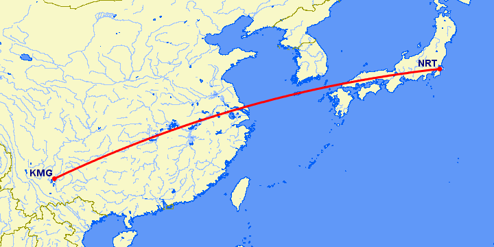 перелет Кунминг — Токио на карте
