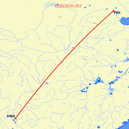 перелет Кунминг — Пекин на карте