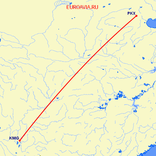 перелет Кунминг — Пекин на карте