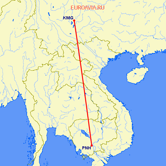 перелет Кунминг — Пномпен на карте