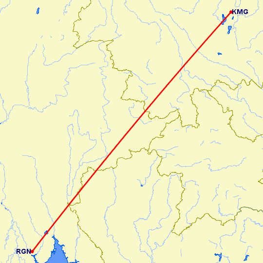 перелет Кунминг — Янгон на карте