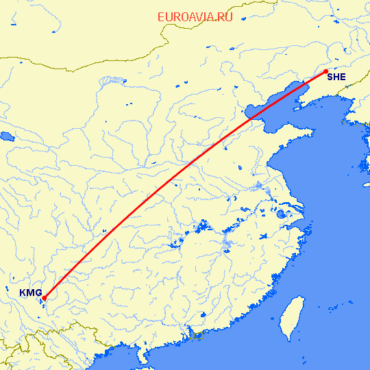 перелет Кунминг — Шеньян на карте