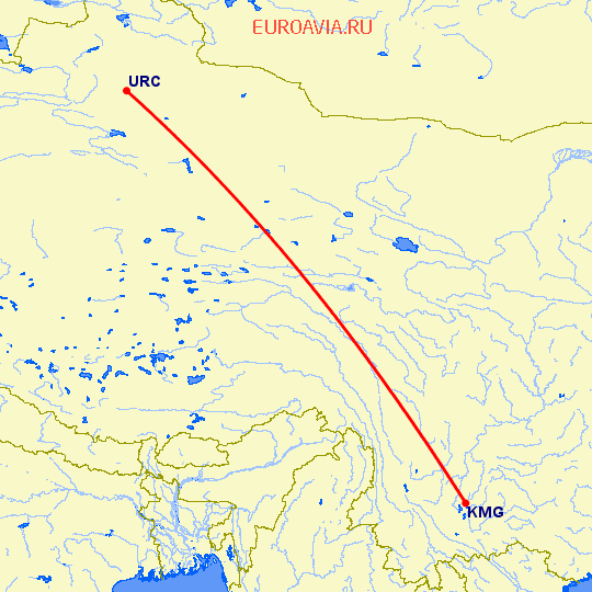 перелет Кунминг — Урумги на карте
