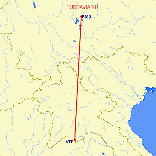 перелет Кунминг — Вьентьян на карте