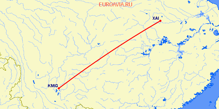перелет Кунминг — Синьян на карте