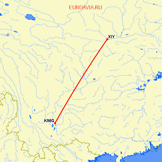 перелет Кунминг — Синьян на карте