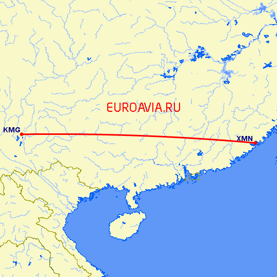 перелет Кунминг — Сямэнь на карте