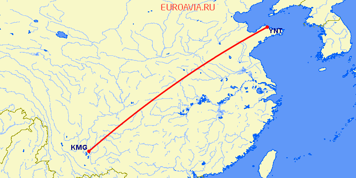 перелет Кунминг — Янтай на карте