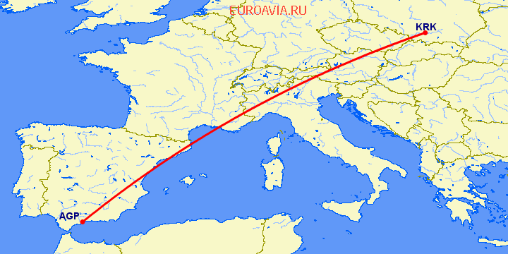 перелет Краков — Малага на карте