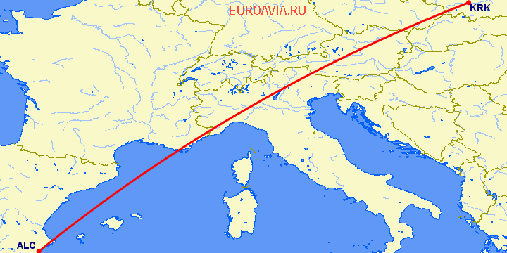 перелет Краков — Аликанте на карте