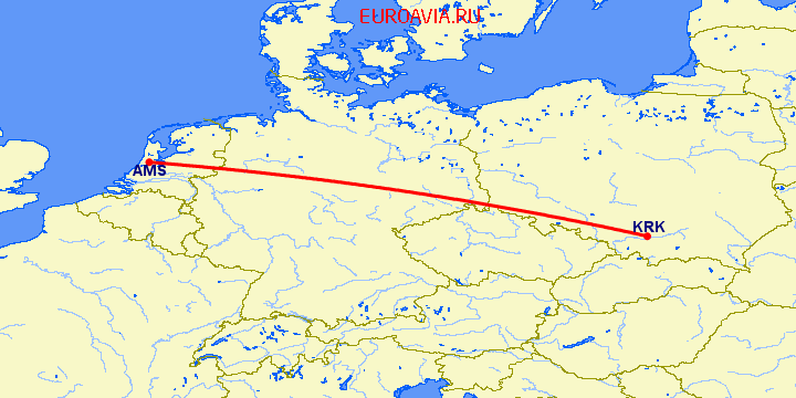 перелет Краков — Амстердам на карте