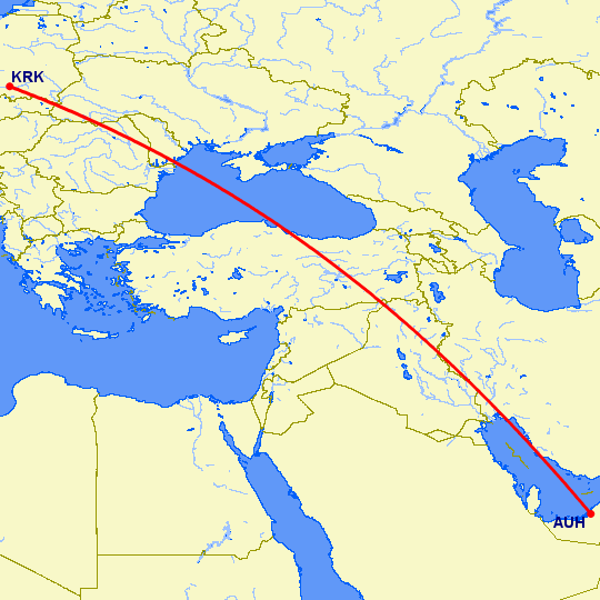 перелет Краков — Абу Даби на карте