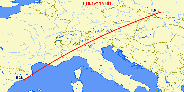 перелет Краков — Барселона на карте