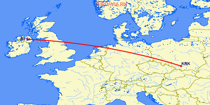 перелет Краков — Белфаст на карте