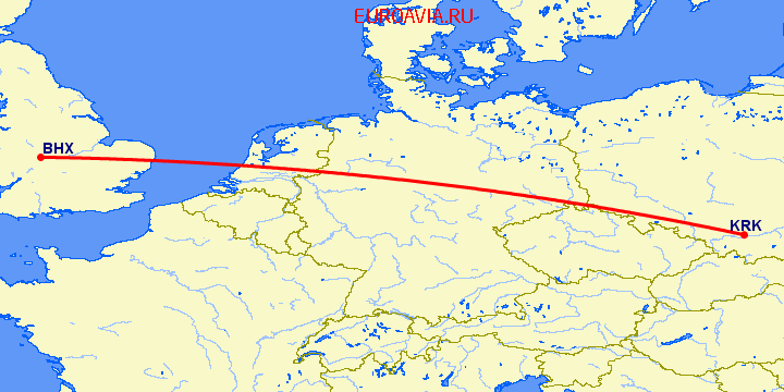 перелет Краков — Бирмингем на карте