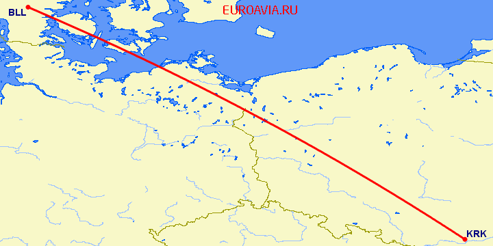 перелет Краков — Биллунд на карте