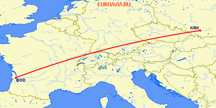 перелет Краков — Бордо на карте
