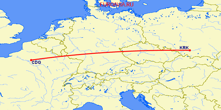 перелет Краков — Париж на карте