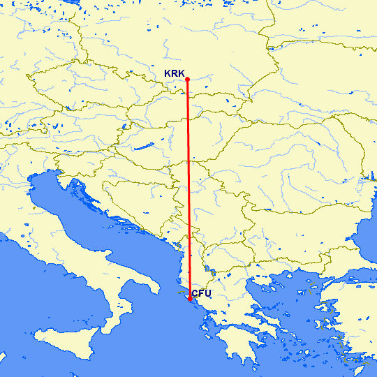 перелет Краков — Керкира на карте