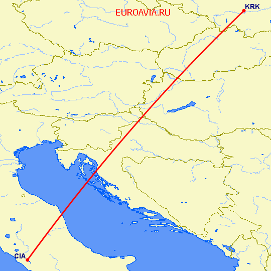 перелет Краков — Рим на карте