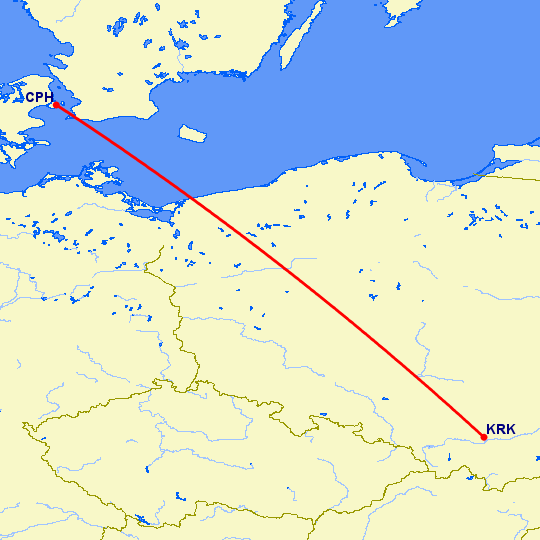 перелет Краков — Копенгаген на карте