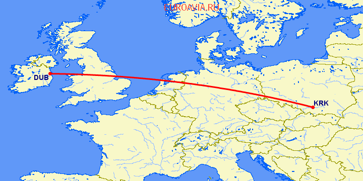 перелет Краков — Дублин на карте