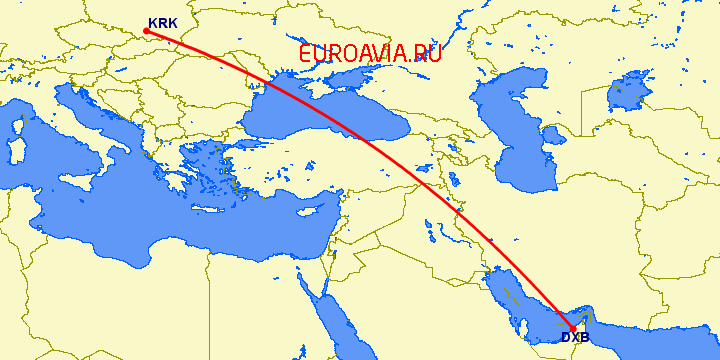 перелет Краков — Дубай на карте
