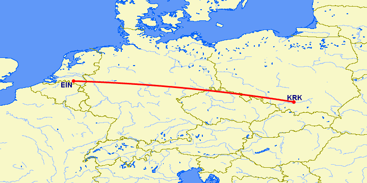 перелет Краков — Эйндховен на карте