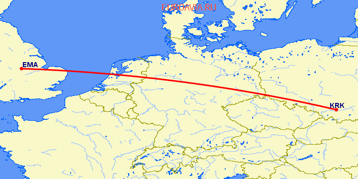 перелет Краков — Дерби на карте