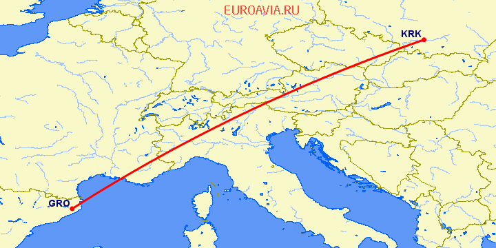 перелет Краков — Жирона на карте