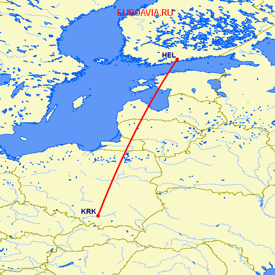 перелет Краков — Хельсинки на карте