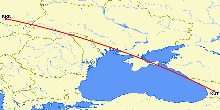 перелет Краков — Кутаиси на карте