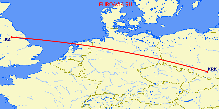 перелет Краков — Лидс на карте