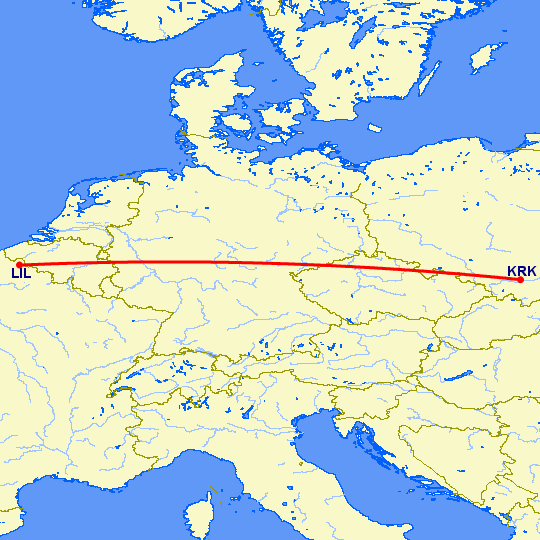 перелет Краков — Лилль на карте