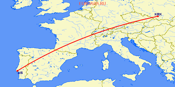 перелет Краков — Лиссабон на карте