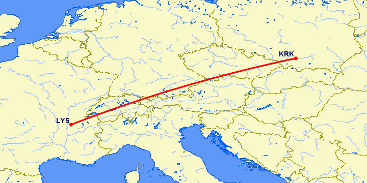 перелет Краков — Лион на карте