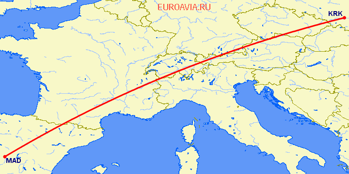 перелет Краков — Мадрид на карте