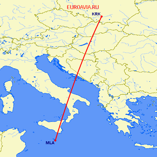 перелет Краков — Мальта на карте