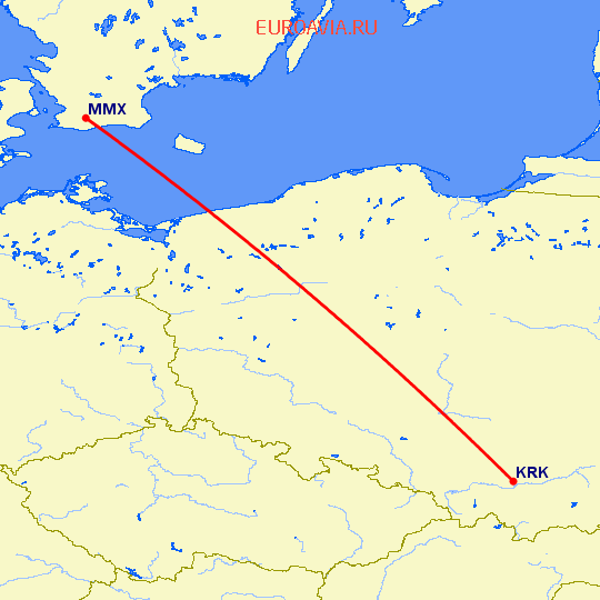 перелет Краков — Малмо на карте
