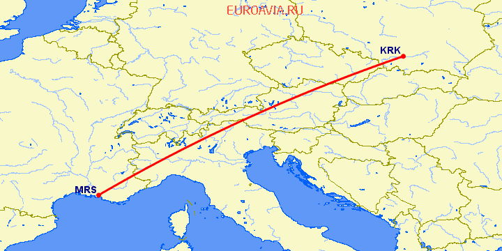 перелет Краков — Марсель на карте