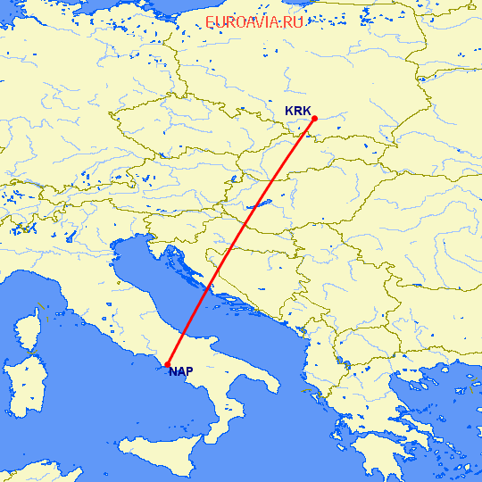 перелет Краков — Неаполь на карте