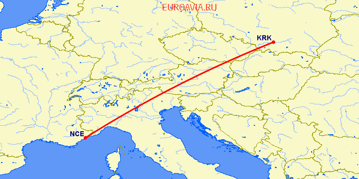 перелет Краков — Ницца на карте