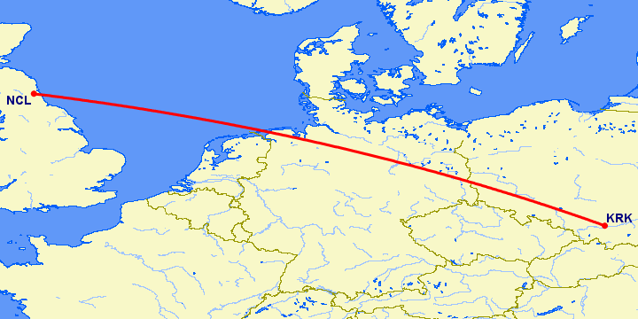 перелет Краков — Ньюкасл на карте