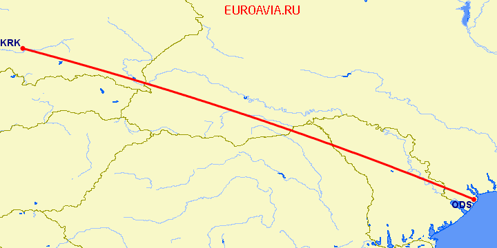 перелет Краков — Одесса на карте